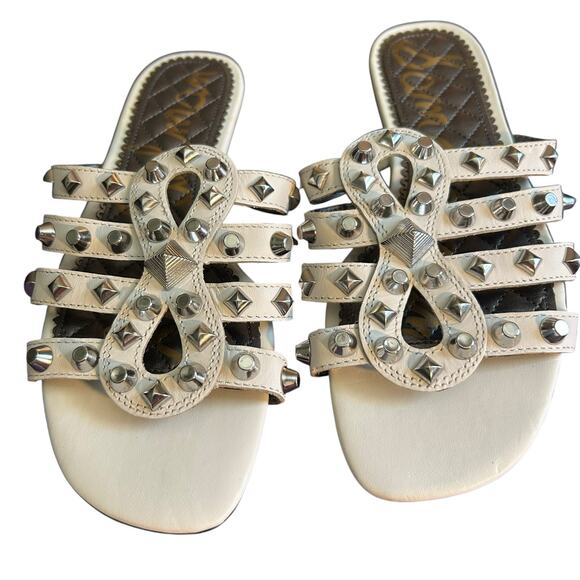 Sam Edelman White Beatris Leather Sandals SZ 7.5 Studded Slip On Casual Open Toe - Picture 2 of 7